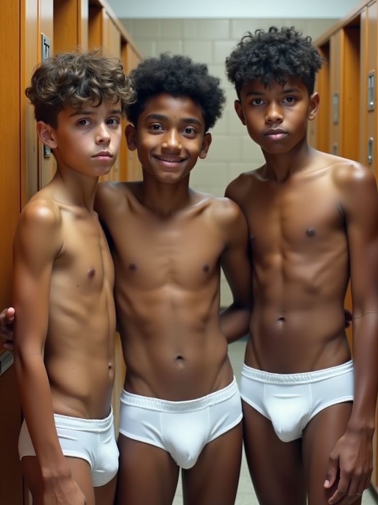 Three boys in a locker room with toned physiques wearing white underwear. They stand close together showing friendship. Bright lighting highlights their expressions. Wooden lockers are in the background.