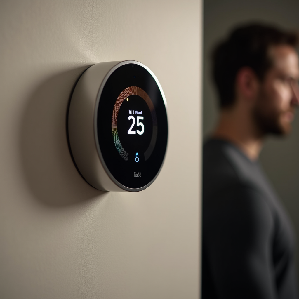 A smart thermostat displays a temperature setting of 25°C on a wall next to a blurred person.