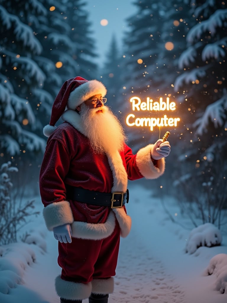 A magical Christmas scene captures Santa Claus in traditional red suit. He stands in a snowy forest with soft glow illuminating the scene. In hand is a glow stick forming letters 'Reliable Computer'. Light snowflakes fall enhancing festive atmosphere.