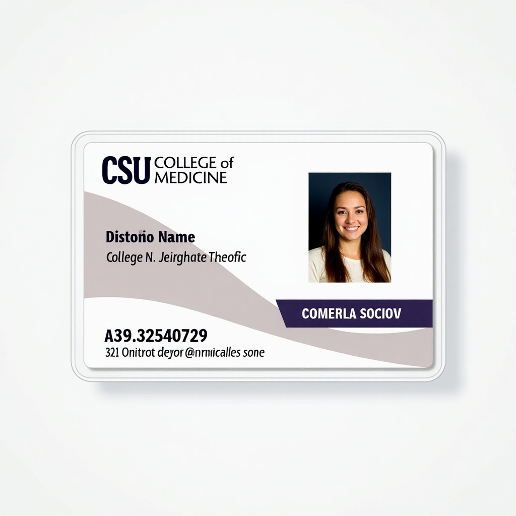 This image features a student ID card from CSU College of Medicine. The card includes the name 'Comerla Sociov' along with the designation 'Distonio Name'. It is designed to serve as an identification for students in the medical field. The card has a professional layout, featuring a photo of the student, along with college branding. This kind of ID card is crucial for campus activities and access to various educational resources.