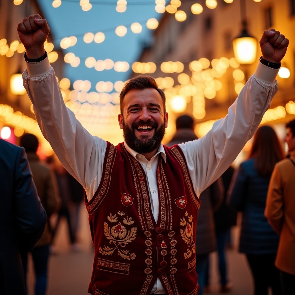 Russian man is cheering in the street during a festive evening. The atmosphere is filled with warm light and a lively crowd. The man wears traditional clothing and shows excitement with raised fists.