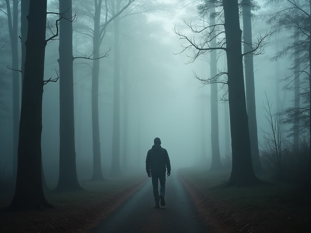 The image depicts a solitary figure walking down a winding path in a foggy forest. Tall trees rise on either side, creating an enveloping atmosphere. The scene is shrouded in mist, giving it a mysterious and tranquil feeling. The colors are muted, dominated by grays and subtle greens, evoking a sense of solitude. The perspective draws the viewer's eye into the depths of the forest, enhancing the sense of exploration and contemplation.