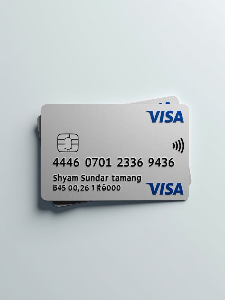 Realistic image features a credit card. Card shows Visa logo prominently. Card number 4446 0701 2336 9436 appears clearly. Name Shyam Sundar Tamang well aligned under the logo. Expiration date shown as 12/26. Background is clean and silver with bold black font.