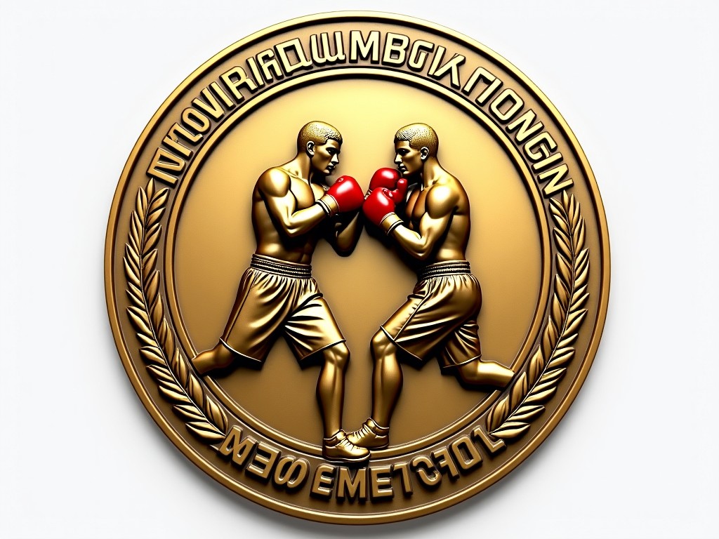 A gold medal featuring two boxers in an intense fight. The design showcases the boxers in a ring, each wearing gloves, poised for action. In bold letters around the edges, it says “KHO Boks Şampiyonası.” The medal has a shiny finish, making the details of the boxers pop. This award represents skill, competition, and achievement in boxing, perfect for honoring champions in the sport.