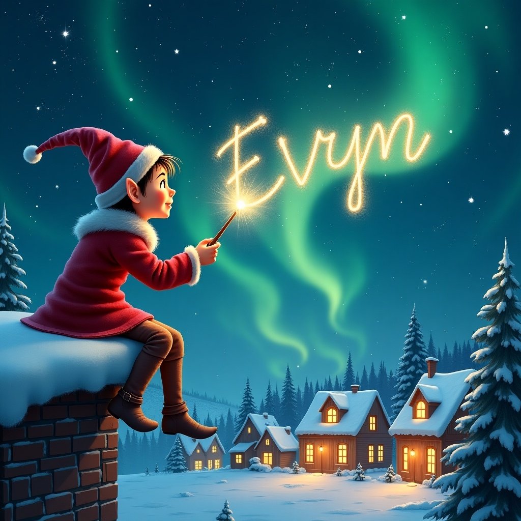 An elf in red attire with a pointed hat writes magical names in the night sky. The elf sits on a ledge and holds a wand. Below is a snowy landscape, with illuminated houses and tall trees.