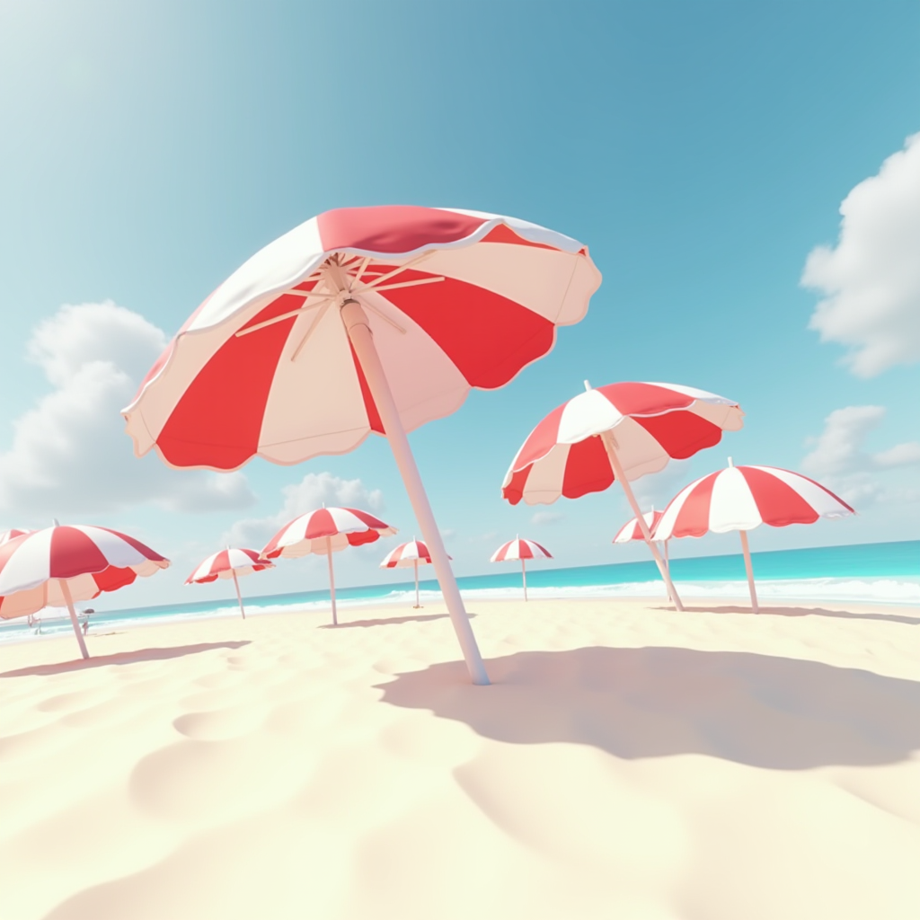 Red and white umbrellas stand on a bright sandy beach under a clear blue sky.