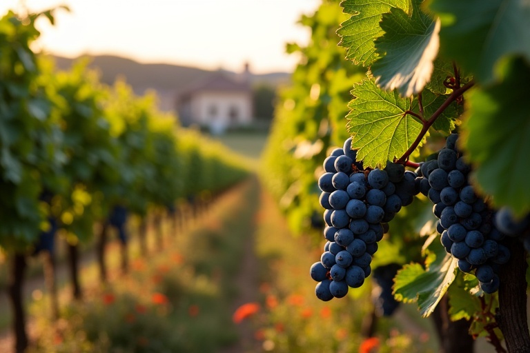 A sunny late summer evening in a vineyard with blue grapes hanging from green leaves. The path is narrow with flowering plants between the rows of vines. An old winery in southern French style is blurred in the background.