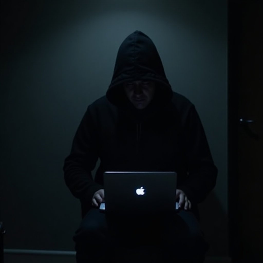 A hooded figure sits in a dimly lit room, typing on a laptop. The scene is shrouded in shadows, creating an air of mystery and secrecy. The glow from the laptop illuminates the figure's focused expression. This image evokes a sense of intrigue and caution, typical in discussions surrounding cybercrime and digital safety. The overall atmosphere is tense and reminiscent of common hacker stereotypes.