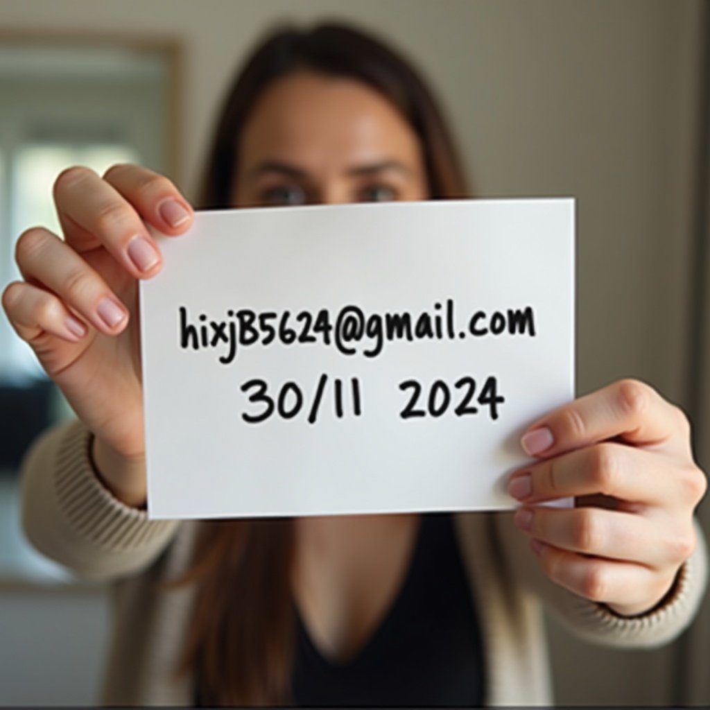 The photo features a person holding a piece of paper with an email address and a date. The email address 'hixj85624@gmail.com' is clearly written along with the date '30/11/2024'. The person is standing in front of a mirror, ensuring a full view of their face and arms. The setting appears to be well-lit, allowing for a clear presentation of the paper. This kind of image could be used for personal branding or online communication purposes.