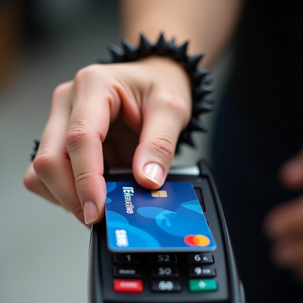 Close-up of a person making a contactless payment. A hand holds a credit card over a payment machine. The card is blue and designates as a Visa. The person wears a black spiked bracelet. The background is neutral, highlighting the transaction. The lighting is bright for card visibility. This showcases modern payment methods.