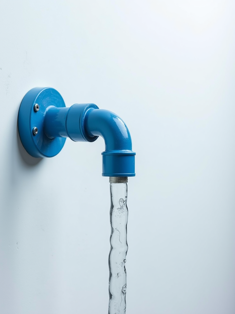 A blue wall-mounted pipe with a glass-like, frozen water flow extending from its nozzle.