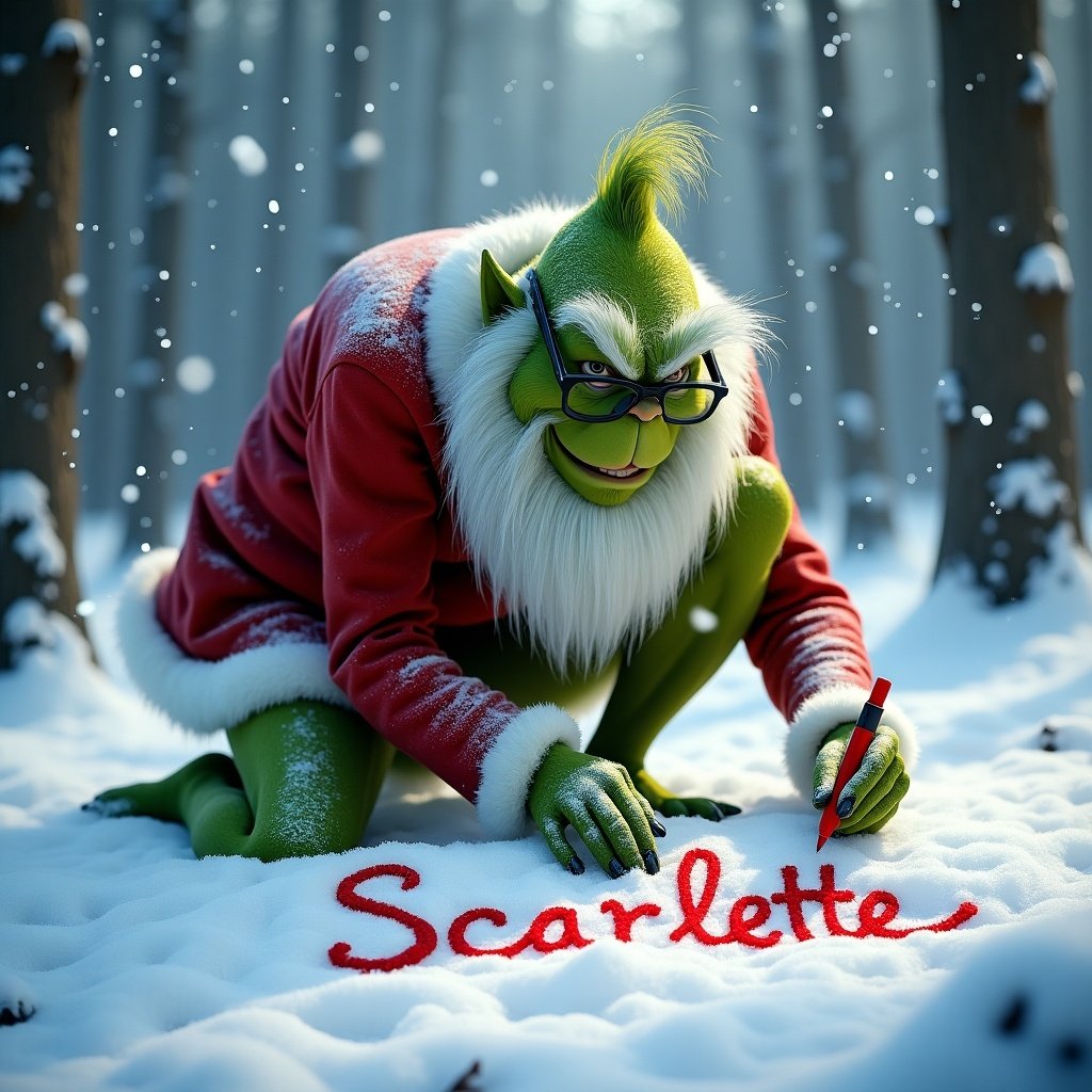 The Grinch kneels in a snowy forest. He writes the name Scarlette in the snow with a red marker. Snowflakes fall around creating a magical winter scene. Long white beard and glasses provide a classic appeal. Heartwarming holiday atmosphere. He writes Joneses.