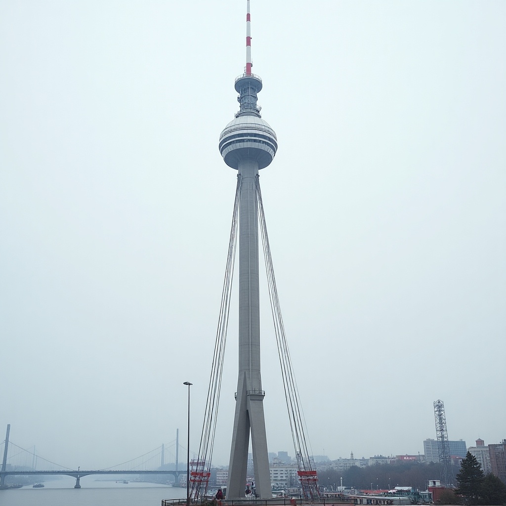 Telescopic circular mast. Height when extended is 65 meters. Height when retracted is 5.6 meters. Built from 13 segments, each 5 meters long. Base segment is 1 meter in diameter. Each segment diameter decreases by 0.05 meters.