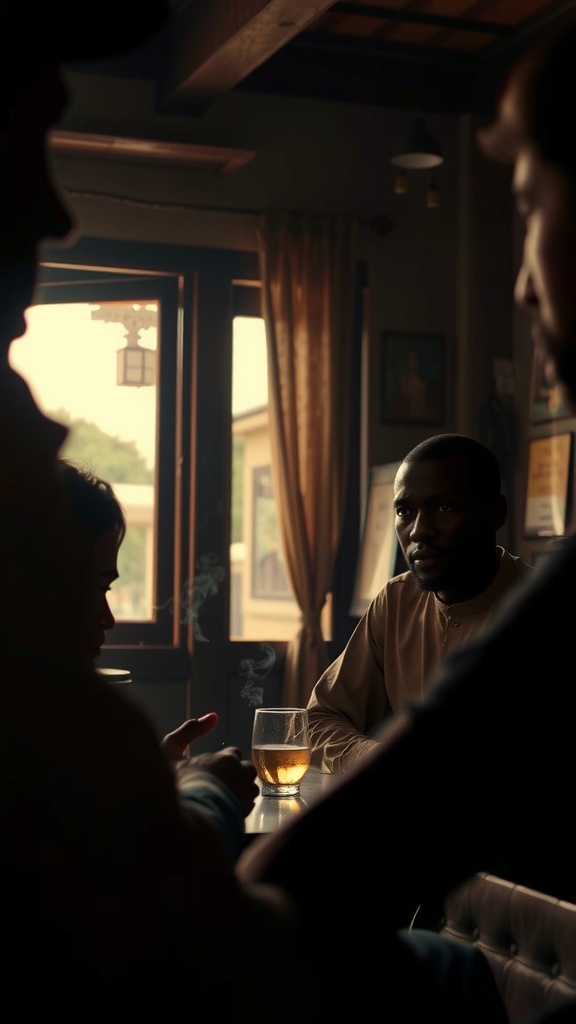 A moody scene of people having a quiet conversation in a dimly lit room.