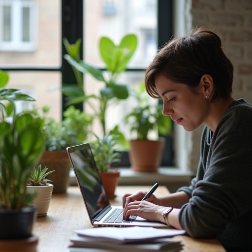 A person writing on a MacBook at a desk. There are green plants on the table. Sunlight streams through the window.