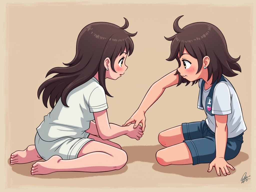 Two girls are seated on the ground. They are holding hands and engaging in a friendly activity. Both are barefoot and dressed in casual, comfortable clothing. The background is simple and uncluttered, emphasizing their interaction.