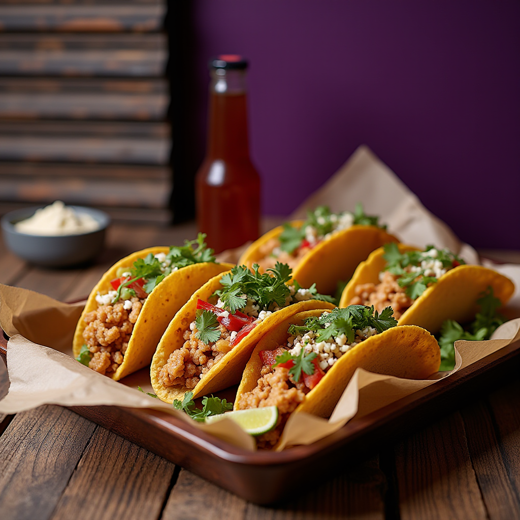 A tray of vibrant tacos filled with seasoned meat, fresh cilantro, cheese, and slices of tomato, accompanied by a bottle of hot sauce and a lime wedge.