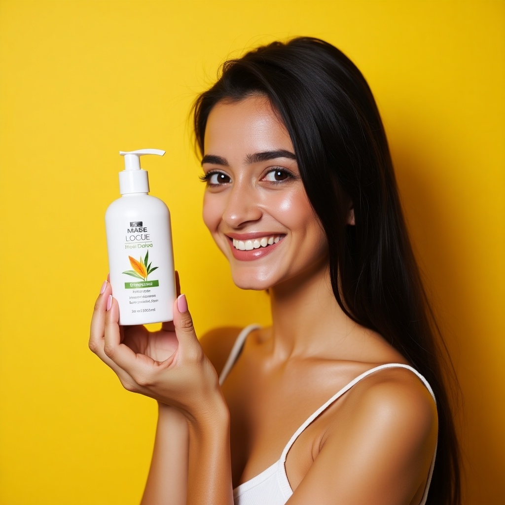 A model with beautiful skin holds a 300ml herbal shampoo bottle against a vibrant yellow background. The focus is on the product for a commercial photoshoot.