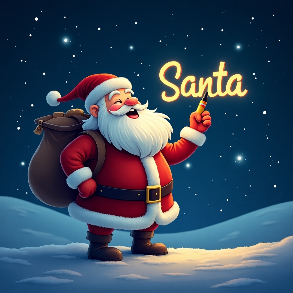 Santa Claus in a red suit with a large bag. He is writing the name 'Santa' in colorful glowing letters in the night sky.