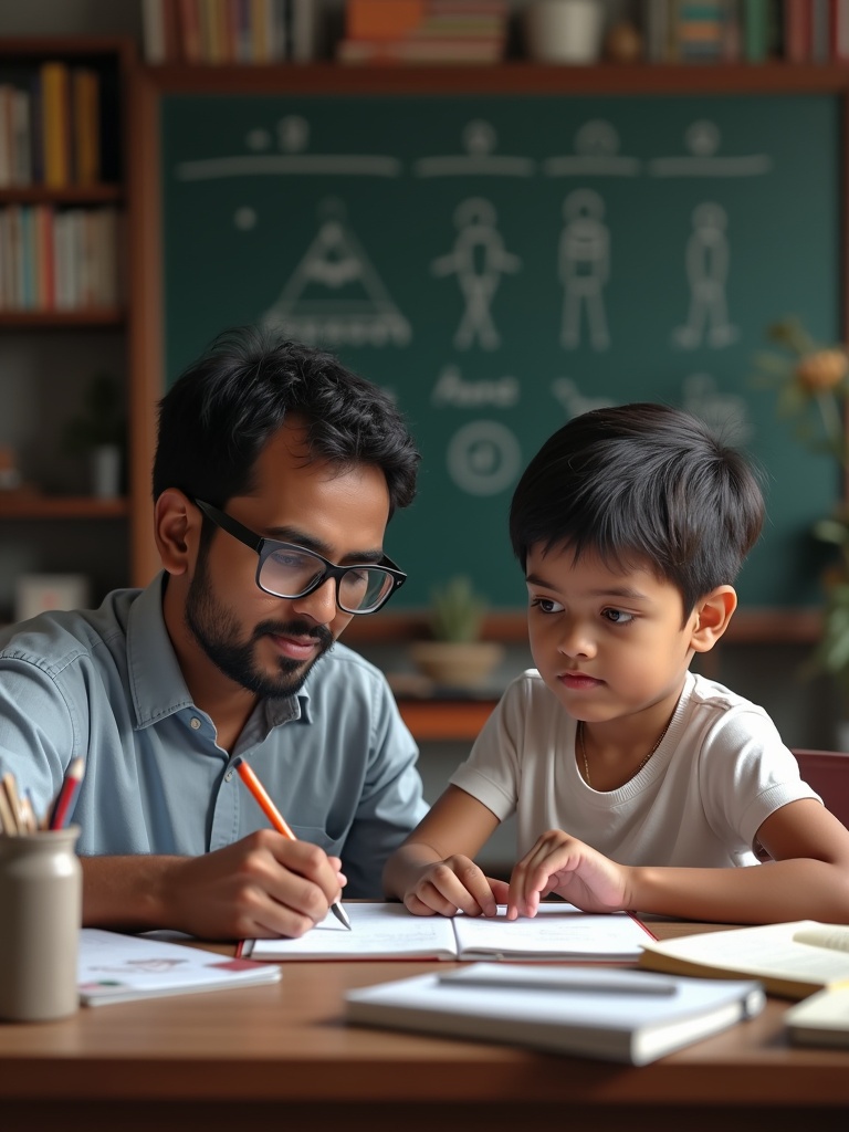 A young male tutor teaches a boy at a wooden table. A rich home background appears behind them. The tutor wears a shirt and glasses. The boy has a T-shirt with no glasses. A pen and a notebook lay on the table. There is a blackboard in the back. The frame is captured from a little distance, showing them from waist to head. Their surroundings are detailed and cozy.