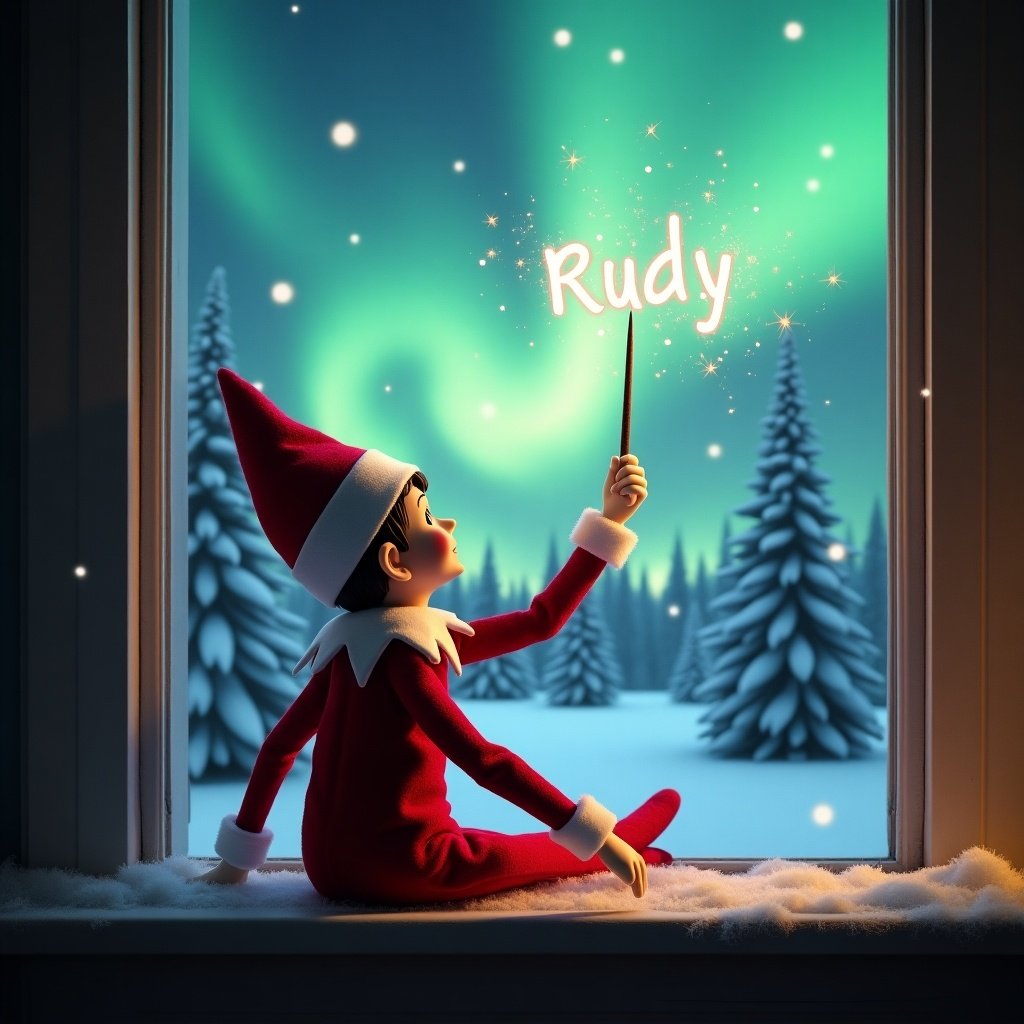 The image features an adorable elf on the shelf sitting on a window ledge, with his back turned to the viewer. He is using a magical wand to create twinkling sparks with the name ‘Rudy’ while looking up at a stunning display of northern lights. The background is set in a winter wonderland, filled with snow-covered pine trees, conjuring a festive holiday feel. Dressed in a vibrant red outfit with white trim, the elf embodies the Christmas spirit. The scene is illuminated by the enchanting colors of the aurora borealis, enhancing the magical ambiance.