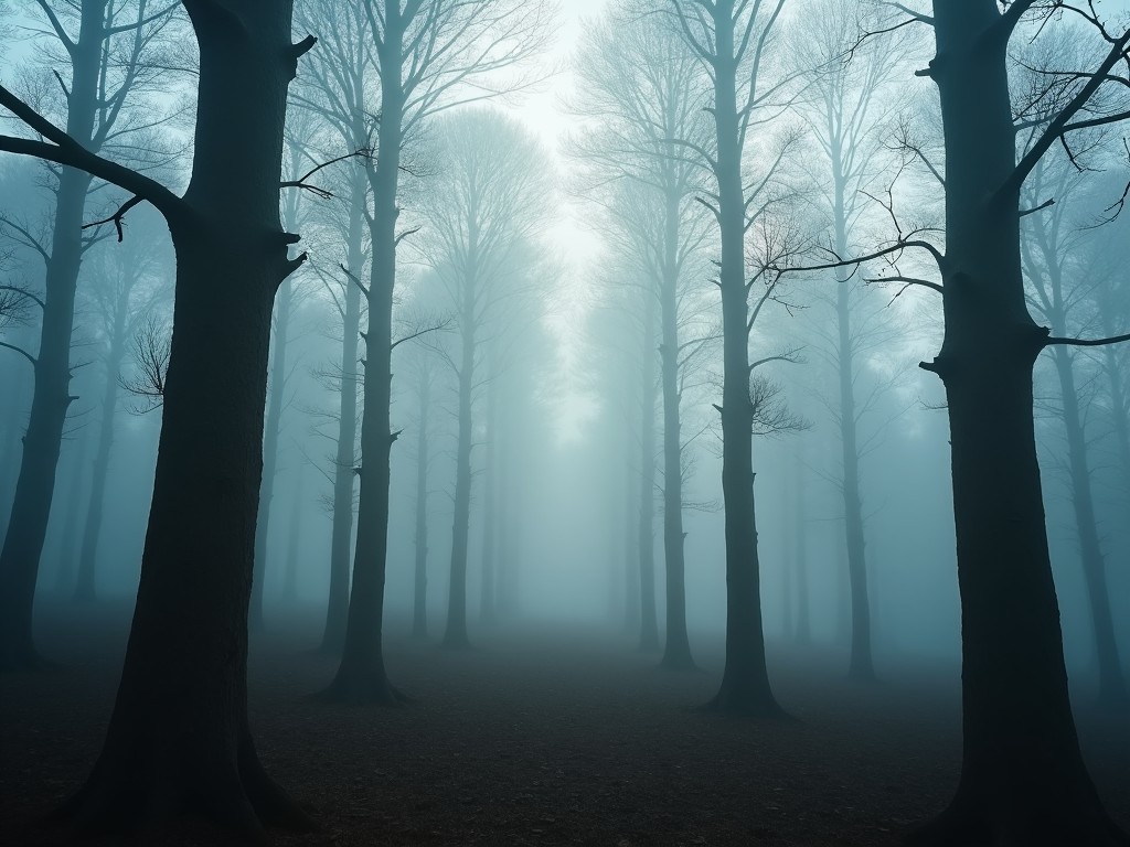 A mystical, foggy forest with tall, bare trees, captured in soft, diffused lighting to create a serene and atmospheric scene.