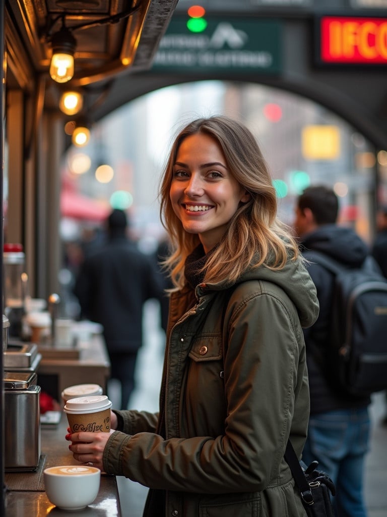 Caucasian woman stands in front of outdoor coffee truck. She prepares to buy coffee. Warm expression engaging with camera. Background shows lively New York City hustle. People moving around underground train station. Dynamic urban scene with architecture.