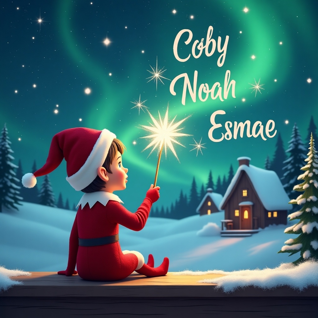 Elf sits on wooden ledge with back to camera gazing at magical sky. Elf in red outfit and pointed hat holds sparkling wand. Wand writes names ‘Coby’, ‘Noah’, and ‘Esmae’ in starry sky. Background shows snowy landscape with houses and evergreen trees under Northern Lights. Scene captures essence of childhood magic and Christmas cheer.