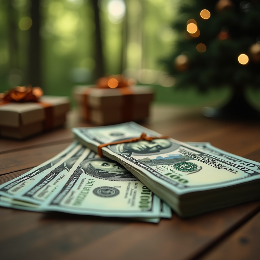 A stack of money tied with a ribbon in a festive setting alongside wrapped gifts and a decorated tree.