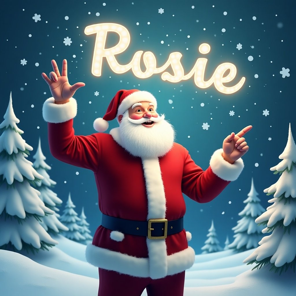 Image features a joyful Santa Claus in a snowy setting. He wears a traditional red suit and hat. Santa points upward as if writing a name in the sky. Snowflakes fall gently around him. Glowing letters in the sky spell 'Rosie'. Background shows snowy trees, creating a Christmas atmosphere.