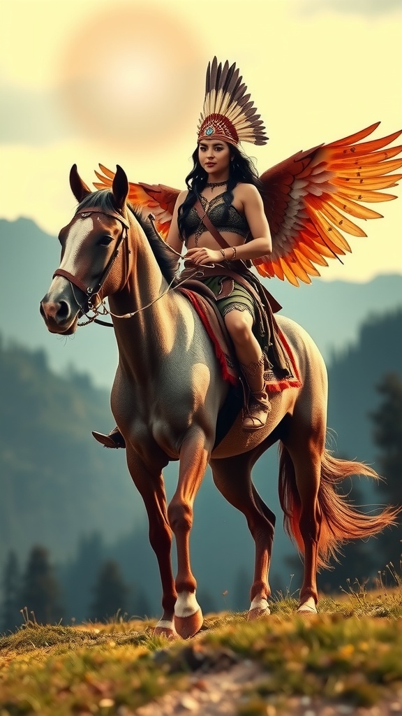 A striking scene featuring a powerful figure dressed in tribal attire sitting atop a majestic horse. The rider wears a beautifully crafted headdress and sports vibrant, angelic wings. The backdrop of lush green mountains under a warm glowing sun enhances the mystique of this scene, evoking a sense of fantasy and strength.