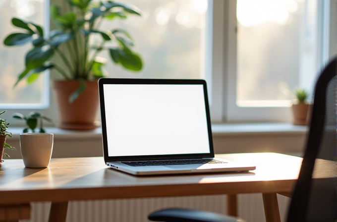 A laptop with a blank screen sits on a wooden desk surrounded by potted plants, with a chair nearby and sunlight streaming through a large window.