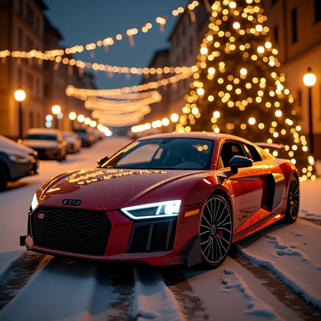 Scene of a red Audi R8 parked in a snowy street adorned with Christmas lights. A large decorated Christmas tree is present. The setting has a luxurious feel with warm street lighting.