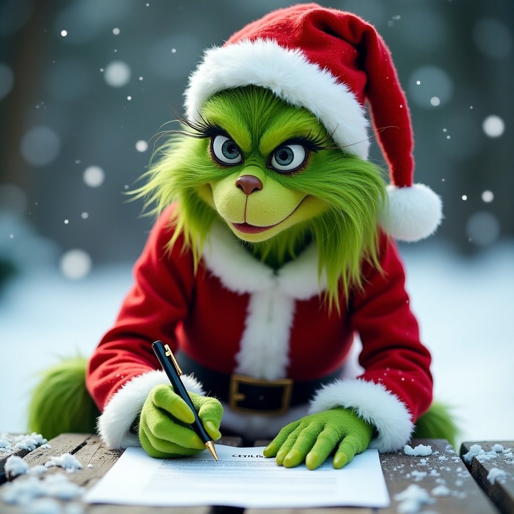 Image shows a character resembling the Grinch in a Santa outfit. Character sits in snow while writing on a document. Contrasting green fur with red outfit is prominent.