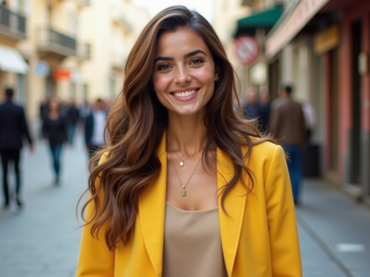 This image showcases a charming woman with long, wavy hair wearing a striking yellow blazer over a beige top. She stands confidently on a lively urban street, smiling brightly. The vibrant colors of her outfit contrast beautifully with the muted tones of the background. People are seen strolling in the background, enhancing the dynamic street vibe. The scene captures the essence of modern fashion, making it an appealing visual for various lifestyle and fashion contexts.