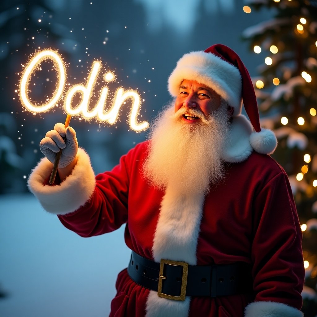 In a snowy winter landscape, Santa Claus stands illuminated by soft warm lights. He wears a classic red suit with white fur trim and holds a glowing stick creating the name 'Odin' in the air. The background features shimmering Christmas lights, enhancing the magical ambiance. The scene evokes holiday cheer and personalization, ideal for decorating or gifting.