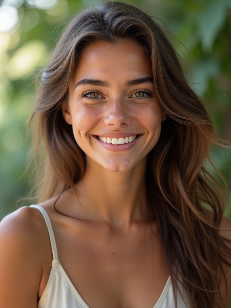 Create an image of a young woman in her mid-20s. She has realistic features and a soft skin texture. Use natural colors with minimal makeup. The hair is long wavy and brown. Expression is friendly and candid. Environment is softly lit with a natural backdrop. Pose is relaxed and casual.