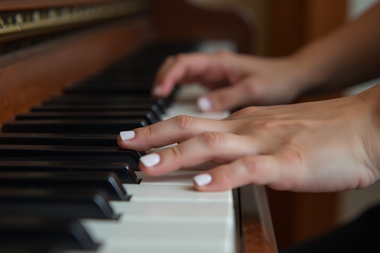 Close up of a woman's feet with white toenail polish over black piano keys. Focus on the connection between feet and piano. No hands visible. Elegant composition.