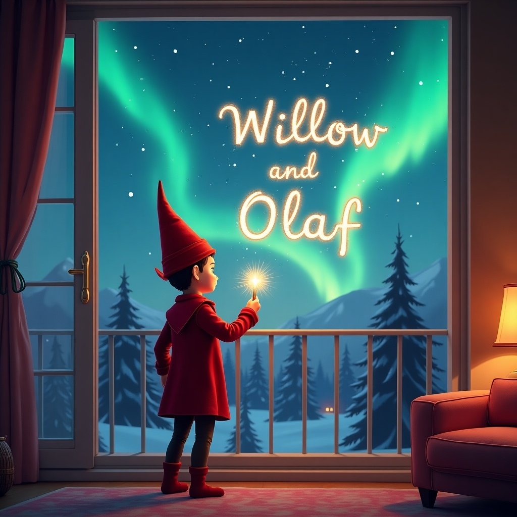 An elf in a red outfit stands on a balcony in a living room. The elf has a red pointy hat. He writes ‘Willow and Olaf’ in the sky with a sparkly magic wand. Beautiful northern lights are visible in the background.