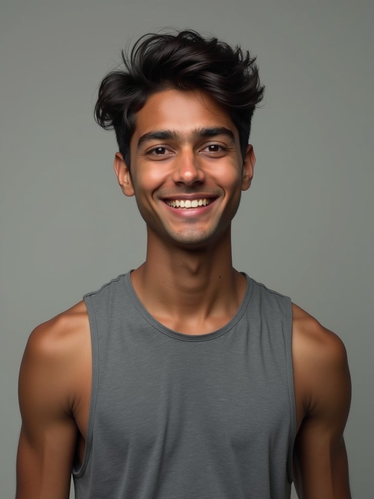 Generate a realistic image of a medium slender Indian man. He has fair to medium complexion. He exhibits youthful charm. He wears a grey sleeveless shirt. The background is plain and neutral.