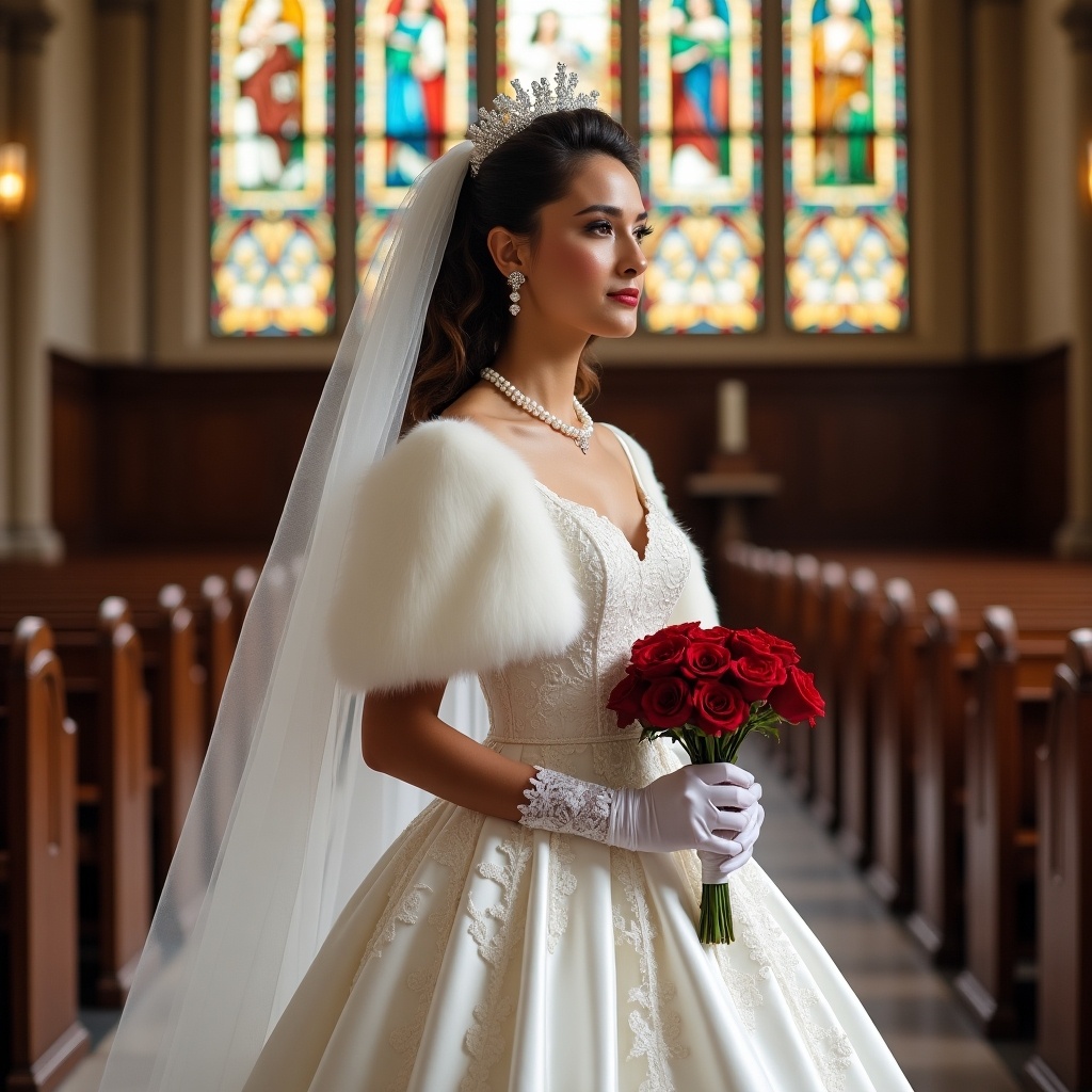 A young bride stands in a church aisle. She wears a regal wedding dress with intricate embroidery and a hoop skirt. Long gloves adorn her arms. A pearl necklace and earrings complete her look. A flowing white fur cape keeps her warm. Her hair is styled elegantly, crowned by a veil. She holds a bouquet of red roses with white ribbons.