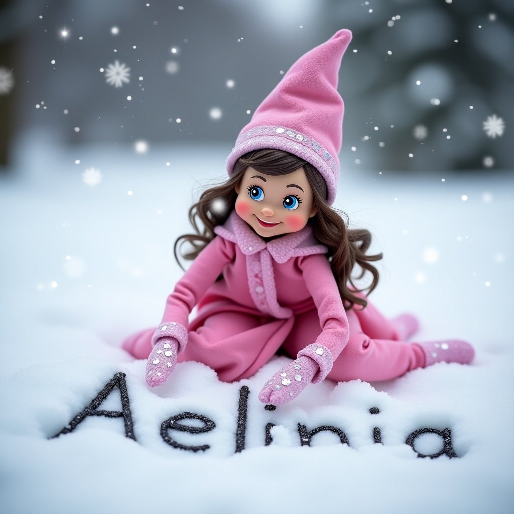 Pink elf doll in winter writing name in snow. Snowflakes falling around. Doll wearing pink outfit and gloves. Cheerful expression. Appears enchanting and playful.