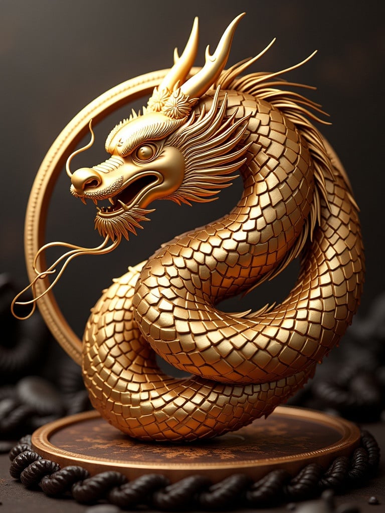 Golden dragon sculpture with intricate scales. Dragon coiled in a circular frame. The design showcases elaborate detailing and a fierce expression.