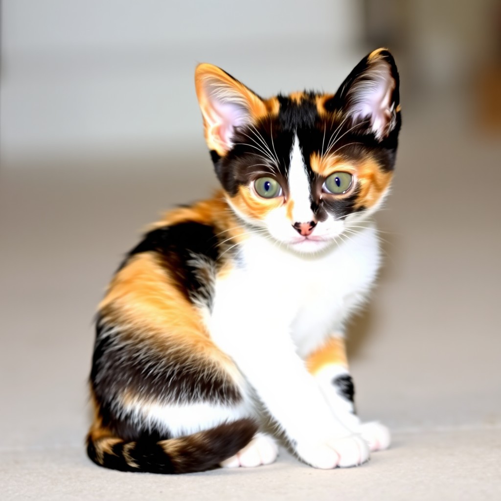 A cute, wide-eyed calico kitten with a mix of black, orange, and white fur sits on a smooth surface.