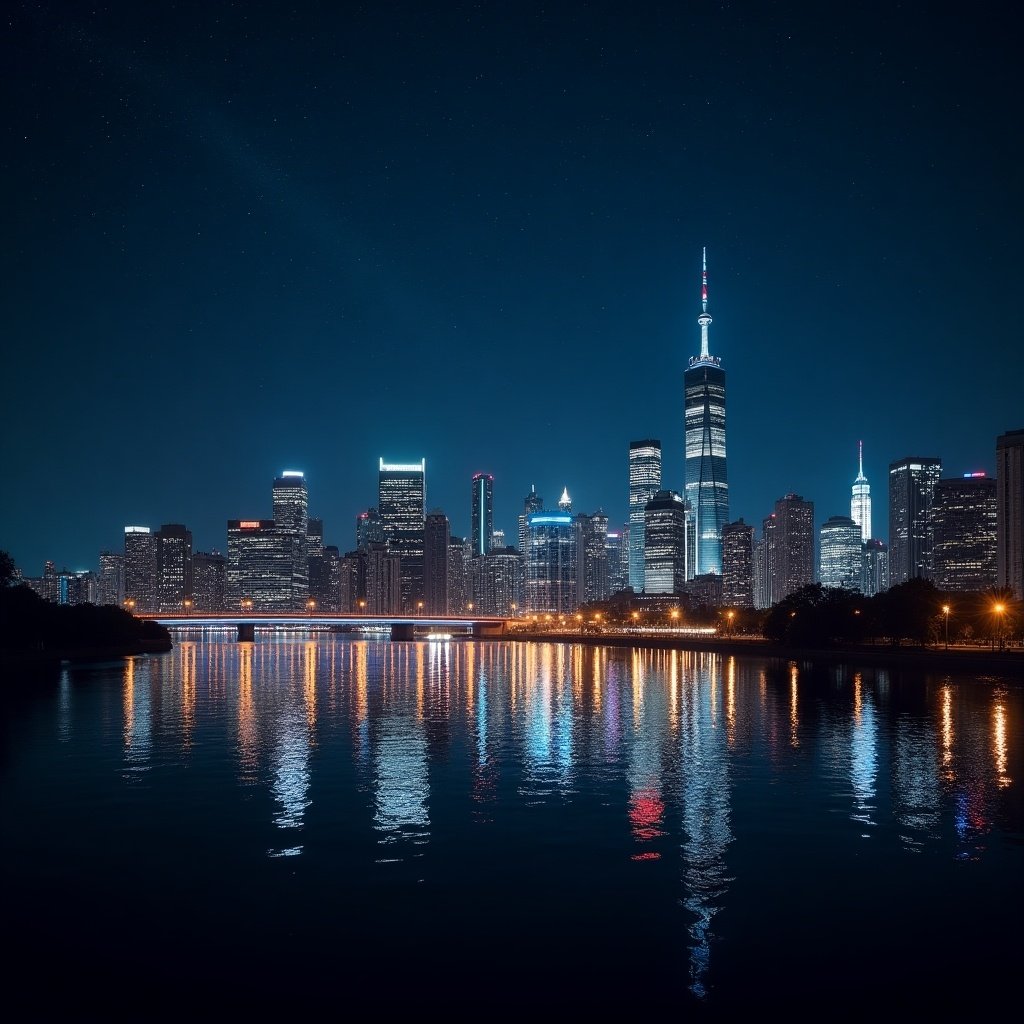 Stunning city skyline at night with vibrant lights. Calm water reflects the illuminated buildings. Starry sky overhead. Majestic architectural features visible.