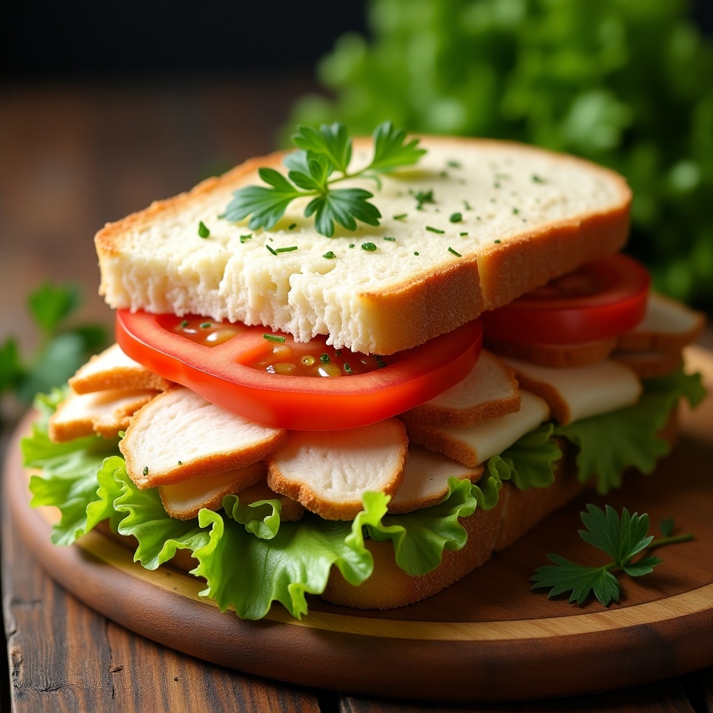 A delicious sandwich made with sliced chicken and white cheese. Layers of iceberg lettuce and fresh tomato are elegantly placed between slices of toasted bread. The sandwich is served on a wooden plate, highlighting its colorful and appetizing ingredients. A sprinkle of chives adds a touch of freshness. The warm lighting enhances the sandwich's appeal, making it look ideal for lunch or a snack. Fresh greens in the background create a vibrant atmosphere.