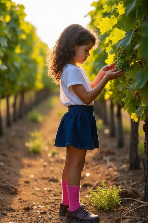 A girl inspects grapes beside a vine in a vineyard. She wears a white top and a blue skirt. Her pink socks add a youthful touch. Late summer sun enhances the scene. Captures a lovely moment in rural life.