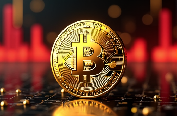 A shiny Bitcoin symbol stands against a backdrop of glowing red and orange chart lines.