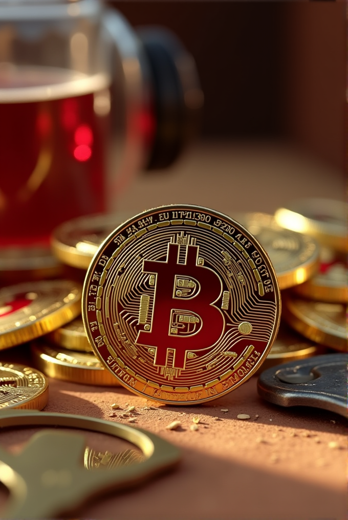 A shiny Bitcoin coin stands on a wooden table amid scattered sawdust, with golden details and circuit-like patterns, beside a cup of red coffee.