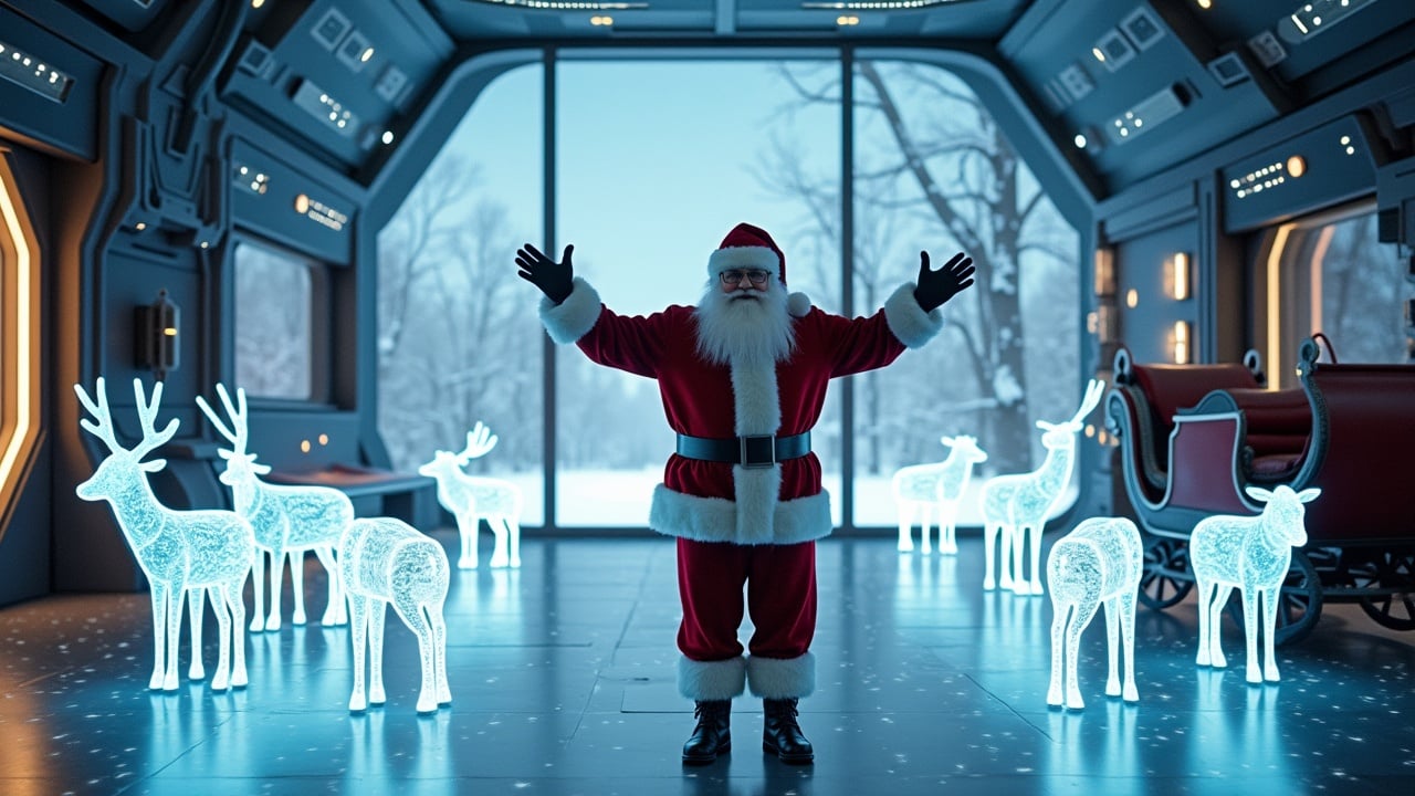 Cinematic image showcases Santa Claus in a high-tech room. Santa looks to the camera with open arms in a celebration gesture. Holographic designs add a modern touch. Openings reveal snowy woods and sky. Sleigh with reindeer parked. Wide shot with Santa surrounded by glowing models.